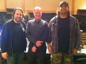 John "Lew" Lousteau, Malcolm Harper and Nick Raskulinecz together during live mix playbacks from SXSW 2013  "Sound City Players Session" at David Grohl's studio.